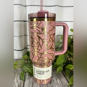 40oz Authentic Stanley Tumbler Laser Engraved with Floral Rose Seamless Design